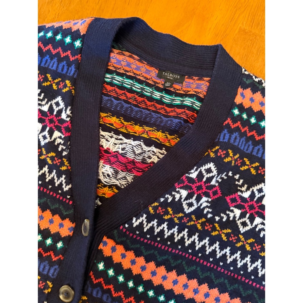 Talbots Petite Fair Isle Cardigan Navy Multi Snowflake Winter Sweater LP